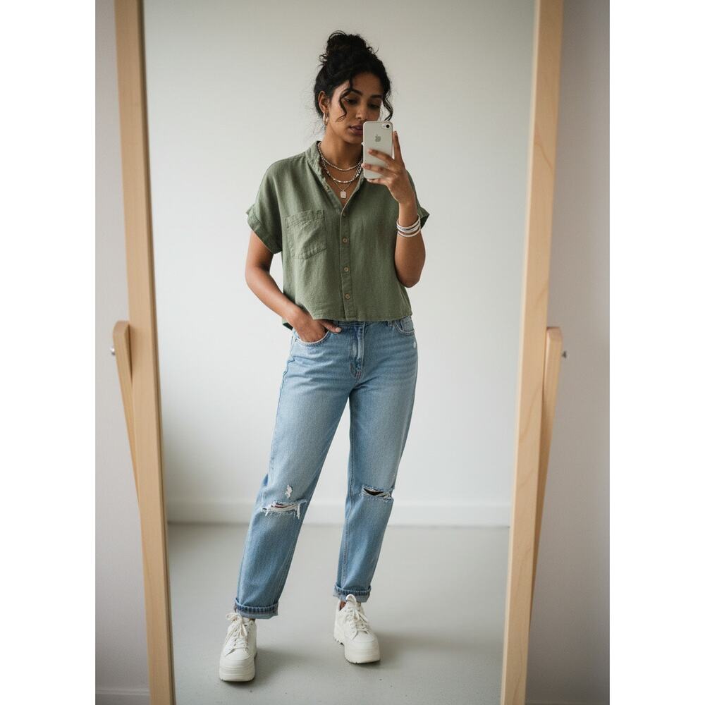 #4 MI AMI Short Sleeve Button-Up Crop to waist 
Shirt Khaki Green Size S